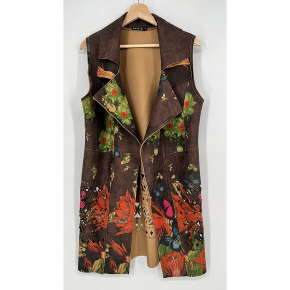 Paniz Floral Cutout Open Cardigan Vest Women M Brown Butterfly Faux Suede Vegan - Picture 1 of 8